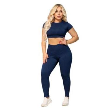 Imagem de Conjunto Legging e Cropd Manguinha Vih Triny Canelado Poliéster Moda Fitness Academia-Feminino