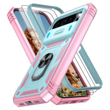 Imagem de Capa para Google Pixel 10 Pro XL com 2 películas protetoras de tela, suporte de anel giratório de 360°, capa protetora de nível militar para celular Google 10 Pro XL, verde + rosa
