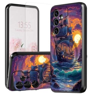 Imagem de DHYYDSQZ Capa para celular Samsung Galaxy A14 5G de 6,6 polegadas 2023 com protetor de tela e suporte de câmera embutido design de navio pirata capa protetora magnética à prova de choque resistente