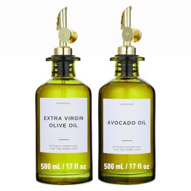 Imagem de Garrafa dispensadora de azeite de oliva de vidro verde da Verpsace, conjunto de dispensador de óleo de abacate, decoração moderna, acessórios de cozinha dourados para casa, Airbnb, café (dourado