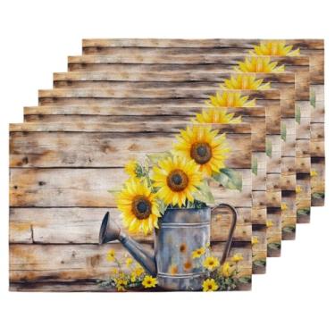Imagem de Jogo americano conjunto de 6, tapetes de madeira de flor de girassol, jogo americano de tecido de poliéster de linho dupla face resistente ao calor, tapetes de mesa limpáveis para mesa de jantar de