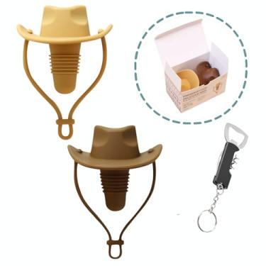 Imagem de Chapéu de caubói rolhas de vinho de silicone para garrafa de vinho mantém o vinho fresco reutilizável preservador de vinho divertido boné selos com chaveiro 3 em 1 abridor de garrafa (bege + marrom)
