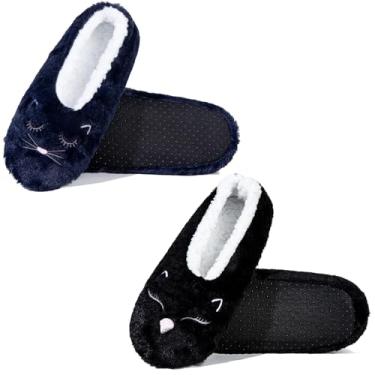 Imagem de GLENMEARL 2 pares de meias femininas com aderência, sola macia, antiderrapante, para o inverno, quente, casa, quarto, chinelos internos, Azul-marinho + preto, 5-7