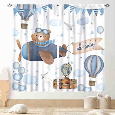 Imagem de Cortinas de urso de desenho animado, crianças, meninos, meninas, urso fofo, aventura, avião, nuvem, azul pastel, cortina, tratamentos para bebê, sala de estar, quarto, berçário, sala de aula, 2