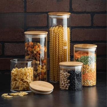 Imagem de Potes Hermeticos Bambu, Kit com 3 Ou 5 Potes Vidro com Tampa Bambu Super Vedação Hermético Conjunto Porta Mantimento, Adequado para Armazenar Grãos E Produtos Secos(Kit 5 Potes)