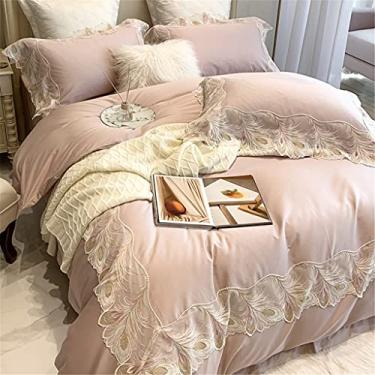 Imagem de Capa de edredom de algodão puro de quatro peças com acabamento em renda de penas roupa de cama francesa princesa (cor: azul, tamanho: 2 m) (rosa 1,5 m)