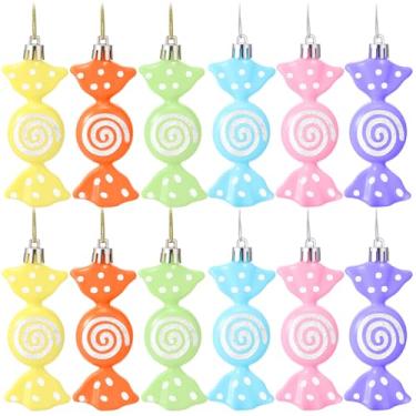 Imagem de Threan 12 peças de enfeites de doces de Natal pendurados com glitter, decoração de bengala de doce, árvore de Natal, enfeite de hortelã-pimenta com corda dourada para decoração de Natal e Halloween