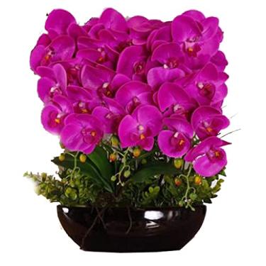 Imagem de DCYEQRQ Flores artificiais para decoração flor artificial Phalaenopsis flor borboleta orquídea conjunto de flores artificiais com vaso de cerâmica para decoração de sala de estar flores artificiais P