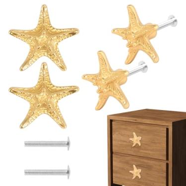 Imagem de HJJWNDDNG Puxadores de gaveta estrela do mar puxador de armário de latão praia costeira Themeb puxador de armário de cozinha puxadores e alças para guarda-roupa de armário (dourado, 4 peças)
