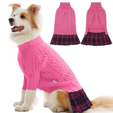 Imagem de IECOii Vestido suéter GG para cães grandes, meninas, vestido de inverno de tricô para fêmeas, rosa, GG, suéter macio para meninas com saia xadrez tartan fofa de malha de gola rolê para clima frio