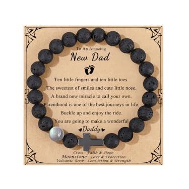 Imagem de Pulseiras inspiradoras de aniversário e Natal Dia dos Namorados para ele, filho, neto, pedra da lua, pedra da lua, pedra vulcânica, Stretchable(7.3''-9''), Pedra, Sem Pedra Preciosa