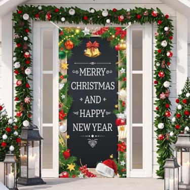 Imagem de Feliz Natal e Feliz Ano Novo Capa de Porta de Natal Decorações para Portas de Ano Novo Banner de Natal Pano de Fundo Pendurado Suporte de Cabine de Fotos para Férias de Inverno Decoração Interior