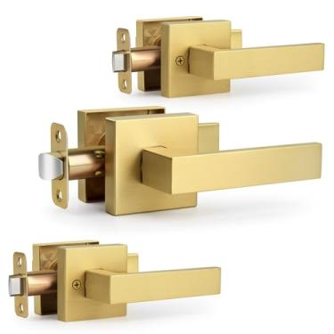 Imagem de LOQRON Pacote com 3 maçanetas de porta de passagem resistentes por atacado, sem trava, maçaneta de porta interior de design quadrado sem trava, alça reversível para fechadura de porta de corredor e