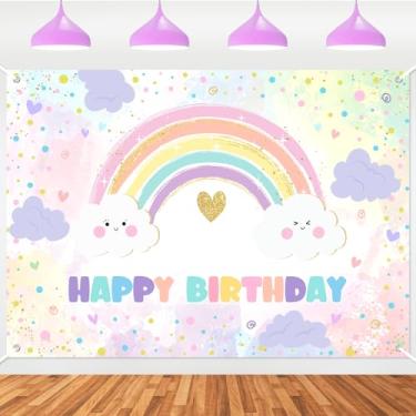 Imagem de Avezano Pano de fundo de aniversário arco-íris para meninas, arco-íris pastel, decoração de festa de feliz aniversário, faixa colorida com bolinhas borrifadas para meninas (2,1 x 1,5 m)