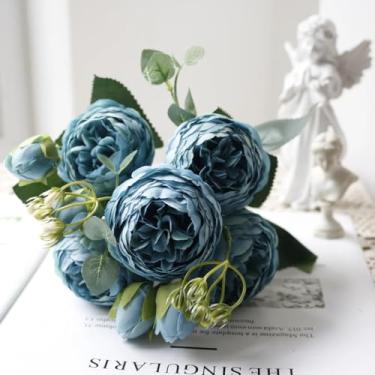 Imagem de Buquê de flores artificiais de seda rosa/30 cm, peônia, 5 cabeças grandes, 4 botões pequenos, decoração para casa e casamento, noiva(28)