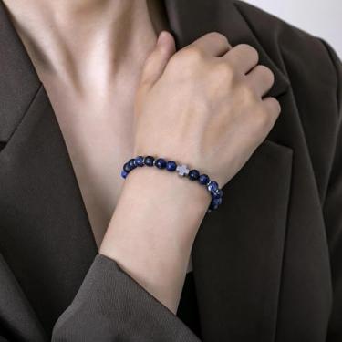 Imagem de Pulseira de contas feita à mão para homens e mulheres, cordão elástico com pedra natural e contas de destaque, joia de pulso ajustável, 7.68Inches, Ágata, Sem Pedra Preciosa