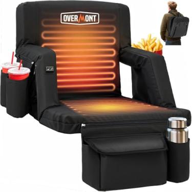 Imagem de Overmont Assento de estádio aquecido com suporte traseiro – 3 níveis de calor, controle independente de zona dupla, poltrona reclinável de 6 posições, ganchos duplos amplos com vários bolsos – Cadeira