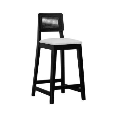 Imagem de Banqueta Gabi Madeira Maciça Encosto C- Telinha C- 68cm Altura - Preto Assento Estofado Corano Bege