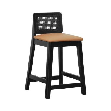 Imagem de Banqueta Média Gabi Madeira Maciça Telinha - Preto Assento Estofado Corano Caramelo