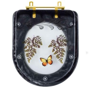 Imagem de Assento Sanitario Poliester Decorado Borboleta Amarela Carrara Preto Com Ferragem Dourada