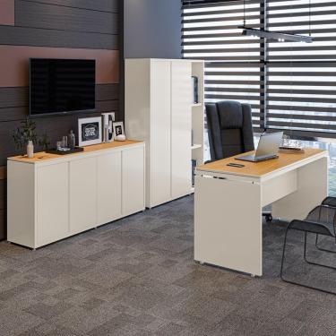 Imagem de Conjunto De Escritório Office 3 Peças Mesa Balcão Armário Tu - Off White E Cedro Off White E Cedro