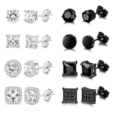 Imagem de RIOSO Conjunto de 8 pares de brincos de aço inoxidável para homens e mulheres, prata, preto, hipoalergênico, quadrado, zircônia cúbica embutida, conjunto de brincos masculinos