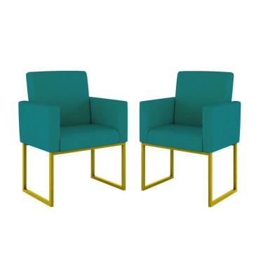 Imagem de Kit 2 Poltrona Cadeira Decorativa Recepção Base Ferro Dourado Cor:azul Turquesa