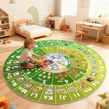Imagem de Tapete educacional infantil para sala de jogos, tapete redondo ABC alfabeto animais, frutas e estações, tapete antiderrapante macio para crianças para berçário, quarto, sala de aula, tapete lavável