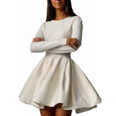 Imagem de Vestido de suéter CHARTOU de manga comprida plissado em creme de malha