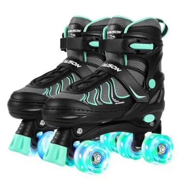 Imagem de PAPAISON Patins femininos tamanho ajustável para meninas de 8 a 12 anos com rodas iluminadas, para uso externo, quadriciclo, skate interno e externo (ciano, grande - jovens e adultos (4-7 EUA))