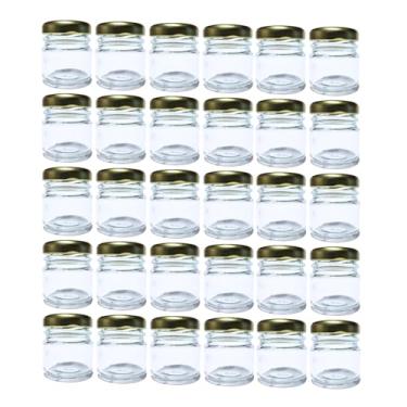 Imagem de Kit 30 Potes de Vidro Transparente redondo 40ml com Tampa Hermética, para Doces, Geleias, Temperos e Lembrancinhas, TAMPA METALICA DOURADA