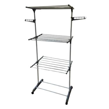 Imagem de Multi Varal de Chão com 3 Andares, Dobrável e Portátil, 6 Prateleiras, Estrutura em ABS e Aço, 170x70x65cm, Cinza, Suporta 48kg, com Rodízios e Cabideiro