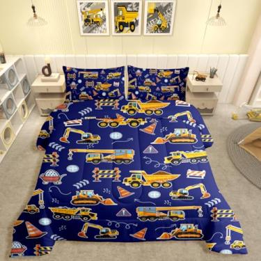 Imagem de jejeloiu Conjunto de cama macio para meninos e meninas, caminhões, equipamentos, caminhões, tamanho solteiro, azul, amarelo, edredom para decoração de quarto, 2 peças com 1 fronha