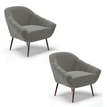 Imagem de Kit 02 Poltronas Giovana Suede Grafite Pés Palito de Ferro - D'Rossi