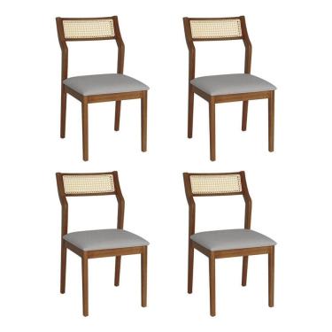 Imagem de Conjunto 4 Cadeiras De Jantar Lagum Jequitibá Terra Encosto Premium Linho Cinza E Corda Náutica