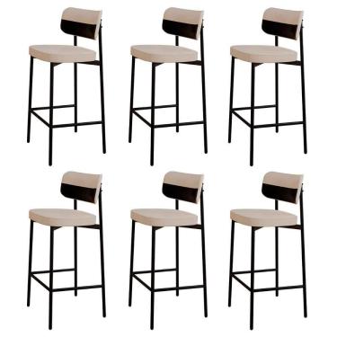 Imagem de Banqueta Alta Bar Estofada Kit 6 Ella M25 Linho Areia/preto - Mpozenato