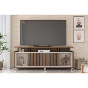 Imagem de Rack Bancada P/ Tv Até 70 Pol Oásis C/ Ripado E Rodizios 160cm Nogueira San Remo/off White - Caemmun