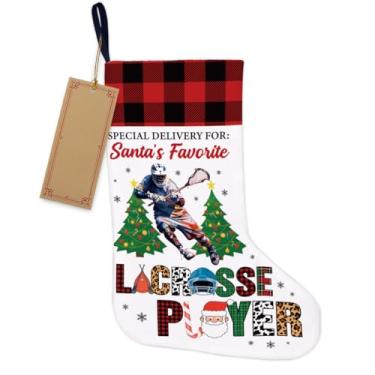 Imagem de Decoração de árvore de Natal para jogador de lacrosse - Entrega especial para o jogador de lacrosse favorito do Papai Noel, presentes de Natal para pendurar para lareira, escadas de parede, decoração
