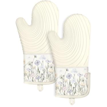 Imagem de Slohif Luvas de forno longas de silicone resistentes ao calor para mulheres - 2 peças de luvas de forno de flores silvestres bege 100% algodão, luvas de forno de silicone antiderrapantes e