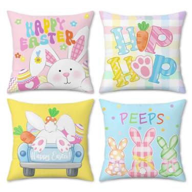 Imagem de COZZSNUGE Capas de almofada Happy Easter, coelhinho fofo, ovos de Páscoa, caminhão, primavera, veludo, fronhas decorativas para jardim, sofá-cama, casa, pátio, conjunto de 4, 45 x 45 cm