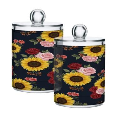 Imagem de Qilmy Qtip Suporte de boticário de 400 ml, girassóis escuros e rosas de plástico transparente com tampa, dispensador de recipiente de banheiro para bola de algodão, cotonete, fio dental, pacote com 2
