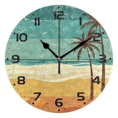 Imagem de JUZIHAI Relógio de parede retrô com cena de praia, silencioso, redondo, sem tique-taque, operado por bateria, fácil de ler, relógio decorativo de parede para casa, cozinha, sala de estar, quarto