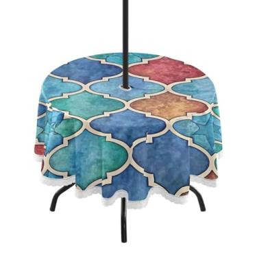 Imagem de Qilmy Toalha de mesa vintage marroquina redonda impermeável de 152 cm com orifício para guarda-chuva e zíper – uso externo / interno resistente para pátio, churrascos, piqueniques, festas (serve para