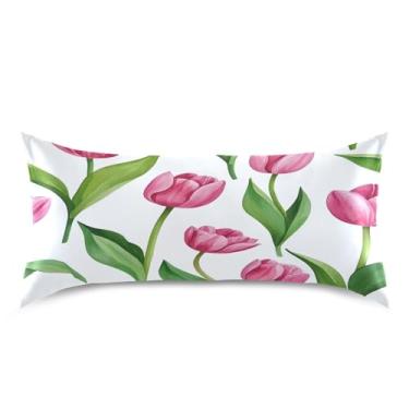 Imagem de Qilmy Fronha de cetim de planta de flor de tulipa rosa para cabelo e pele, capa de almofada de seda refrescante macia e respirável com fecho de envelope, tamanho king size 50 x 101 cm
