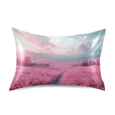 Imagem de Qilmy Fronha de cetim floral rosa campo para cabelo e pele, capa de almofada de seda refrescante respirável macia com fecho de envelope, tamanho padrão 50 x 66 cm