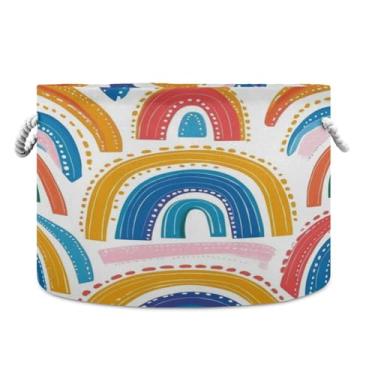 Imagem de JUZIHAI Cesto de armazenamento grande de desenho animado arco-íris, cesto de roupa suja dobrável à prova d'água com alças de corda de algodão para organização doméstica no quarto, banheiro e carro