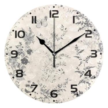 Imagem de JUZIHAI Relógio de parede de flores silvestres silencioso, redondo, sem tique-taque, operado por bateria, fácil de ler, relógio decorativo de parede para casa, cozinha, sala de estar, quarto
