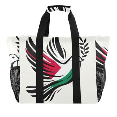 Imagem de ODAWA Sacola grande dobrável resistente à água com símbolo da paz, bandeira da Palestina - Sacola de lona durável para academia e praia com bolsos com zíper, Símbolo da paz da bandeira da Palestina