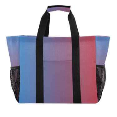 Imagem de ODAWA Bolsa de praia estética de verão para mamãe - Sacola reutilizável impermeável de lona à prova de areia azul vermelha gradiente supermercado
