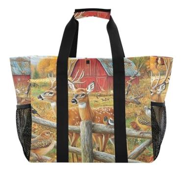 Imagem de ODAWA Bolsa de mercearia lavável à prova d'água à prova de areia, à prova d'água - Sacolas de compras de viagem de lona durável com bolsos com zíper, Cena de celeiro de outono, One Size